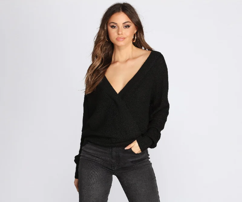 Pullover sweater with rolled cuffs -Basic Wrap Front Sweater