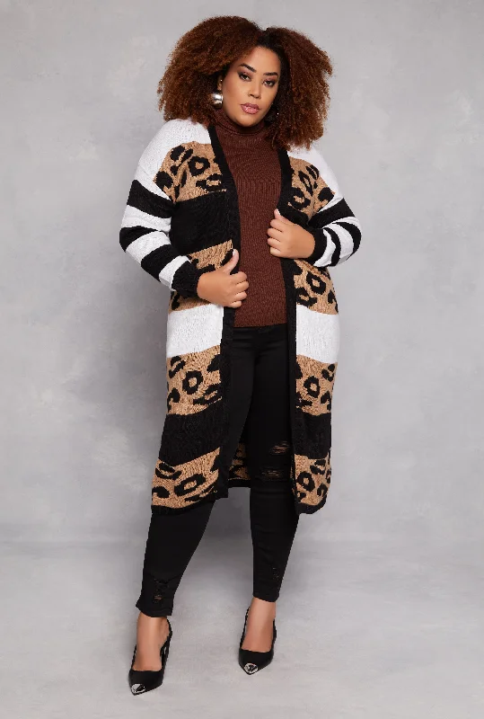 Cardigan for cozy weekends -Plus Size Animal Print Knit Long Cardigan