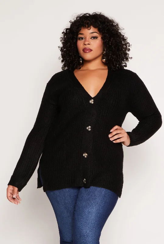 Cardigan with rolled edges -Plus Size Button Front Knit Cardigan