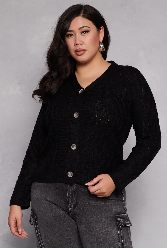 Cardigan in vintage style -Plus Size Cable Knit Button Front Cardigan