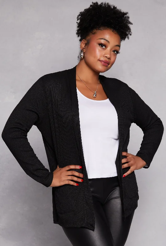 Cardigan with scallop hem -Plus Size Ribbed Knit Open Front Cardigan