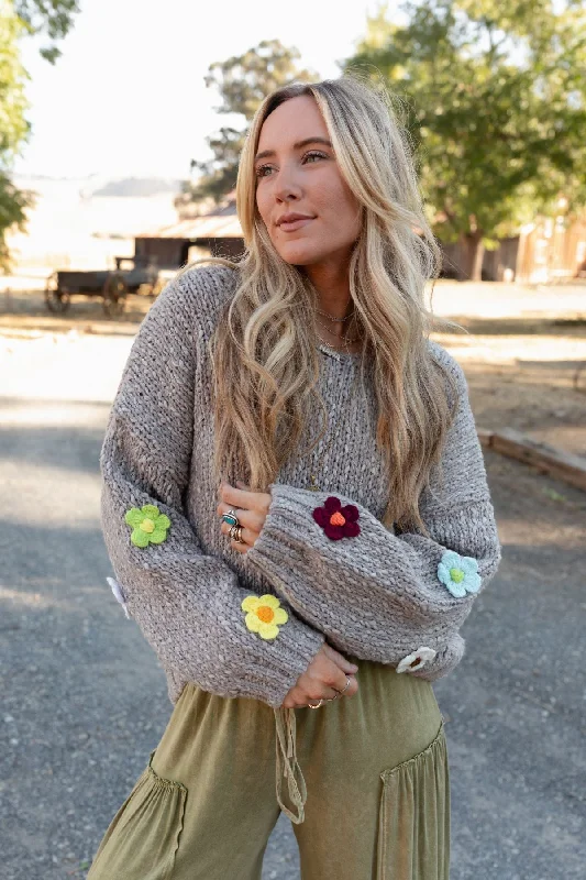 Pullover sweater with rolled hem -Blissful Blooms Flower Embellished Sweater - Mushroom