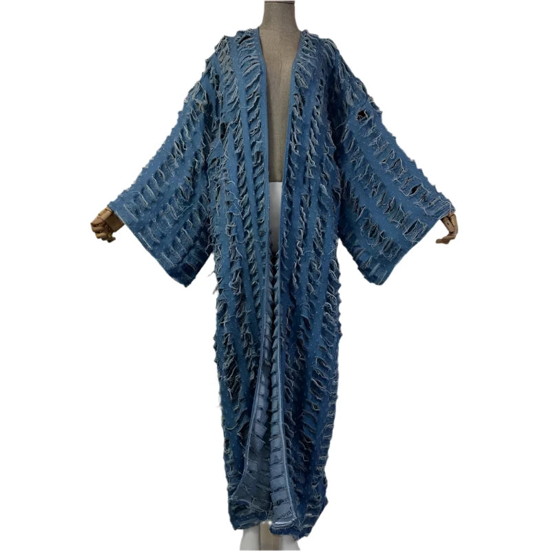 Cardigan for weekend trips -Blue Distressed Long Maxi Cardigan