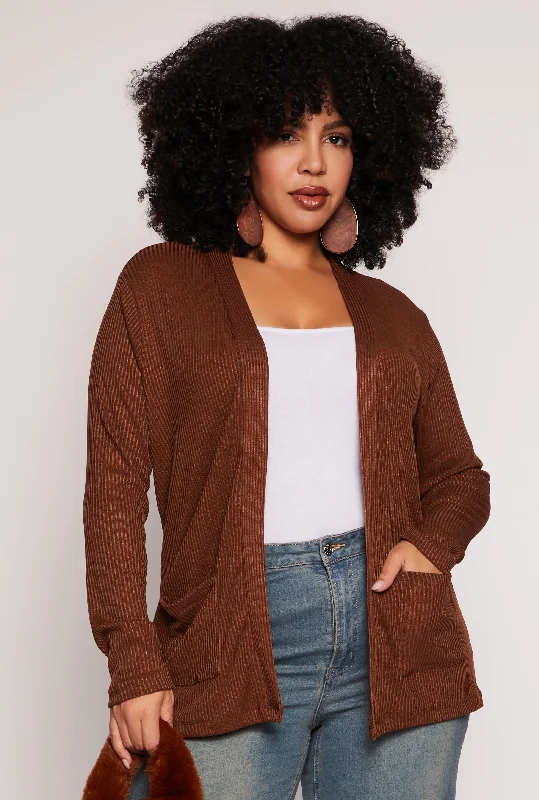 Cardigan for casual dinners -Plus Size Ribbed Knit Open Front Cardigan