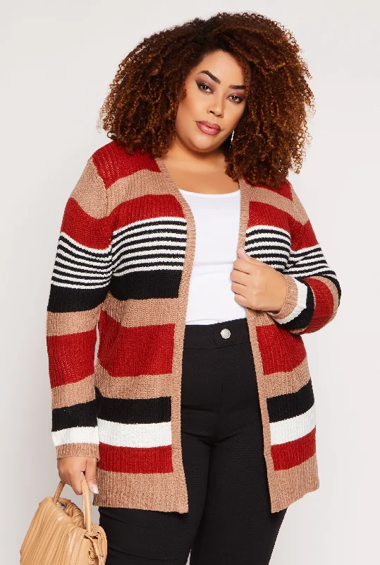 Cardigan for weekend wear -Plus Size Striped Open Front Cardigan