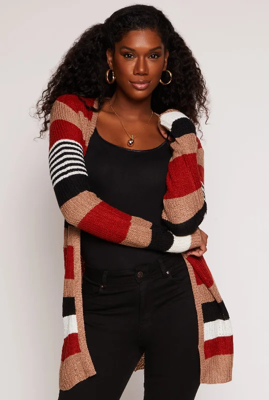 Cardigan with layered look -Striped Open Front Knit Cardigan