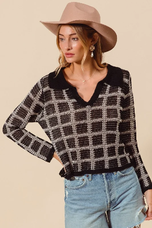 Pullover sweater with patterns -Check Plaid Crochet Knitted Sweater Top with Collar