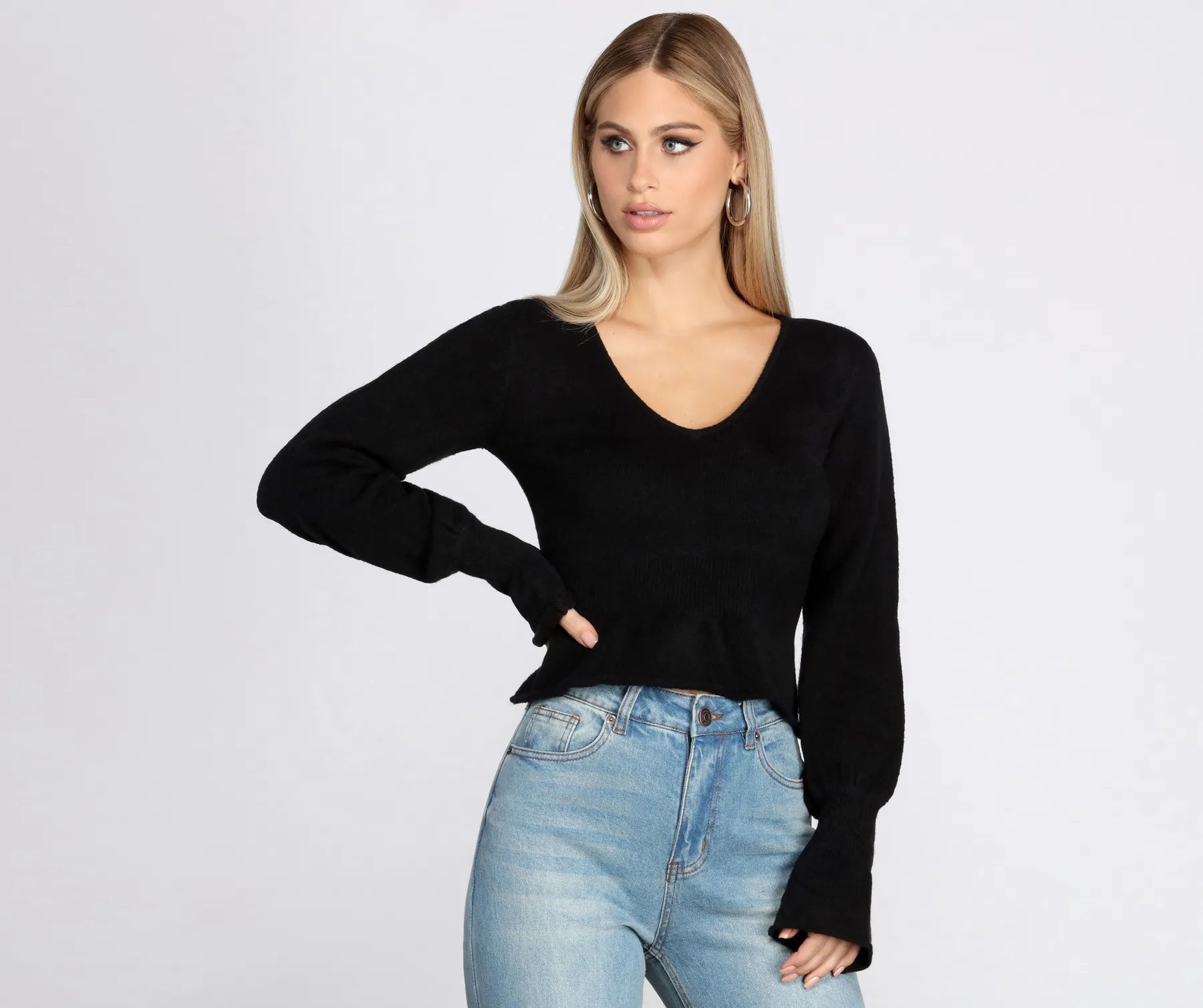 Pullover sweater with contrast hem -Chic Cozy Peplum Sweater