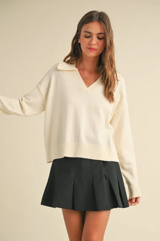 Pullover sweater with turtleneck -Collared V-neck Long Sleeve Knitted Sweater