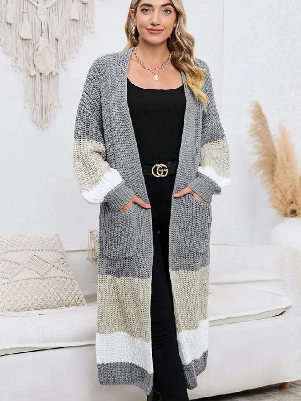 Cardigan for layering -Color Block Long Sleeve Pocketed Cardigan