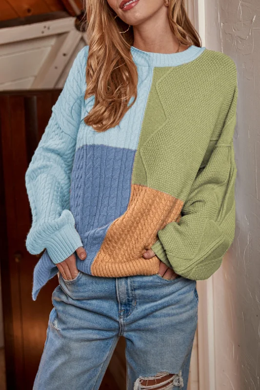 Pullover sweater with ribbed panels -Color Lump  Contrast O Neck Tops Sweater