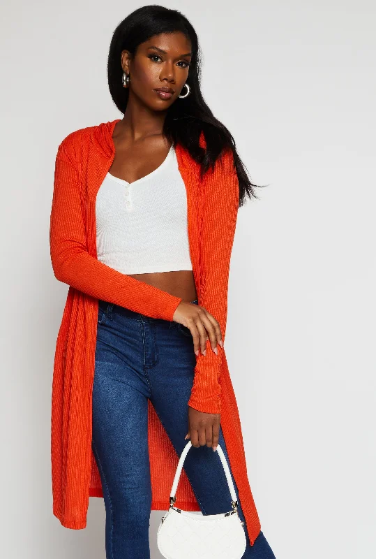 Cardigan in modern design -Rib Knit Hooded Long Cardigan