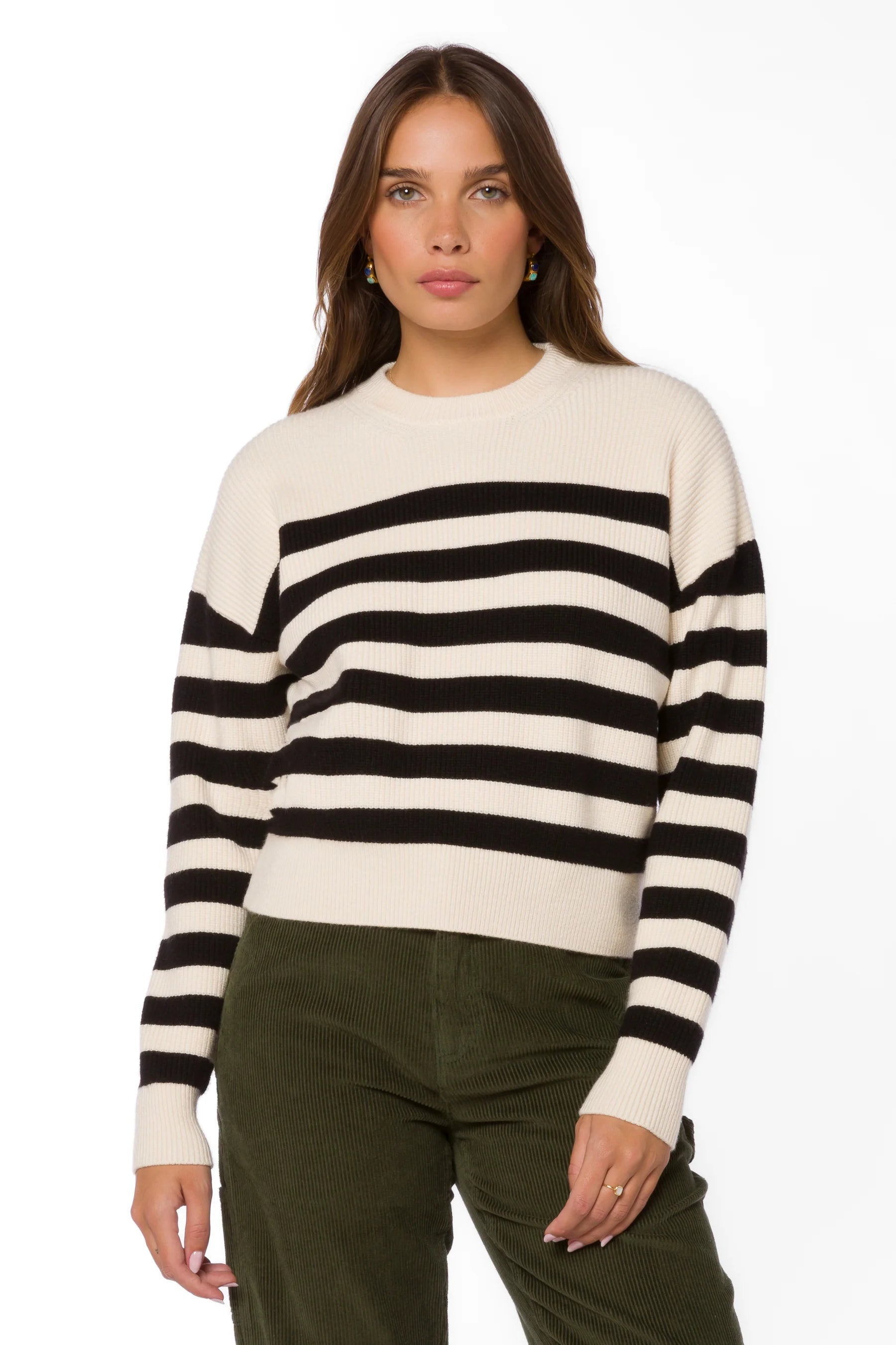 Pullover sweater with curved hem -Darrell Ivory Black Stripe Sweater by Velvet Heart