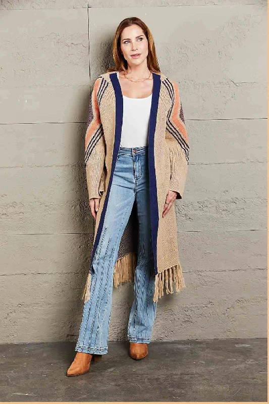 Cardigan for women -Double Take Geometric Fringe Hem Open Front Duster Cardigan