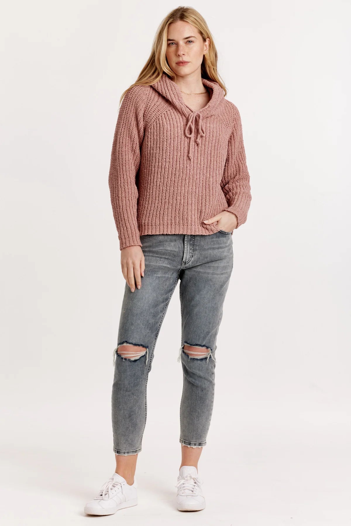 Pullover sweater in comfy knit -Eden Textured Sweater w/Hood Woodrose