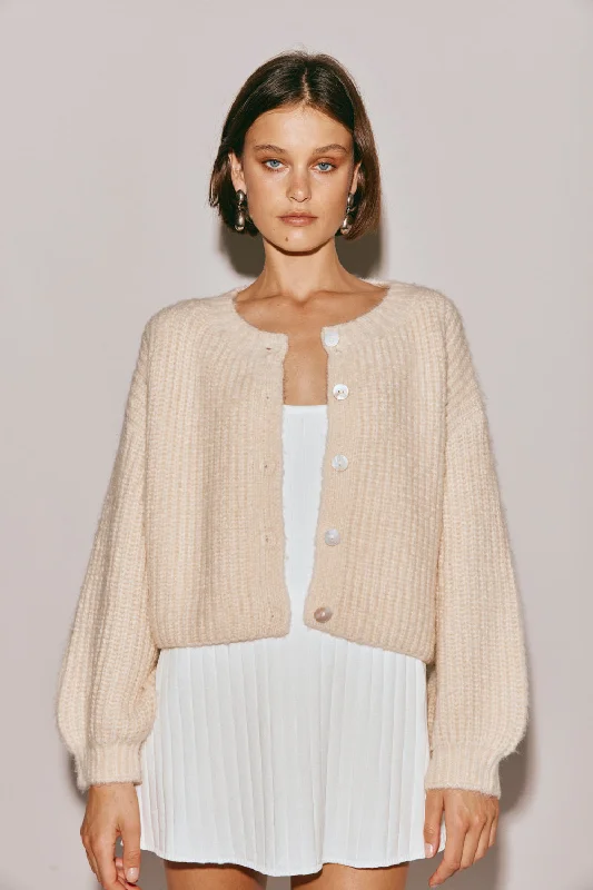 Cardigan with herringbone pattern -Elsie Knit Cardigan Cream