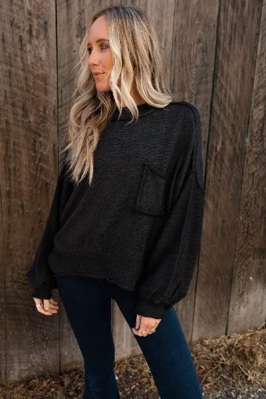 Pullover sweater in white -Fireside Talks Balloon Sleeve Sweater - Black