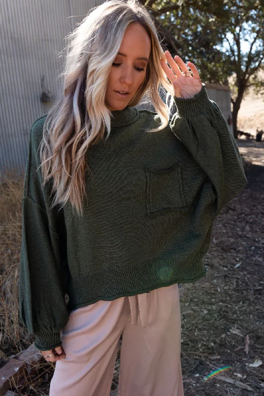 Pullover sweater for outdoor -Fireside Talks Balloon Sleeve Sweater - Olive