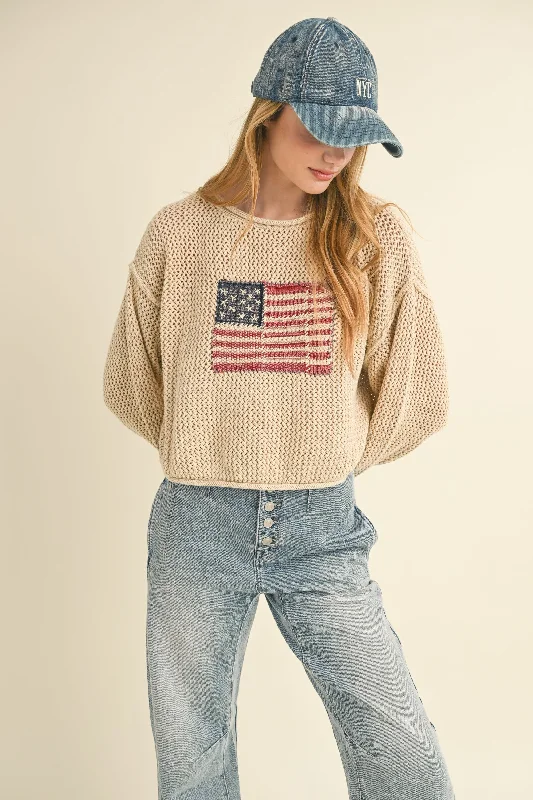 Pullover sweater in dark blue -Flag Knitted Sweater Top