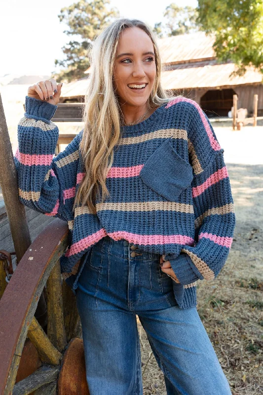 Pullover sweater in warm fabric -Golden Girl Striped Sweater - Navy