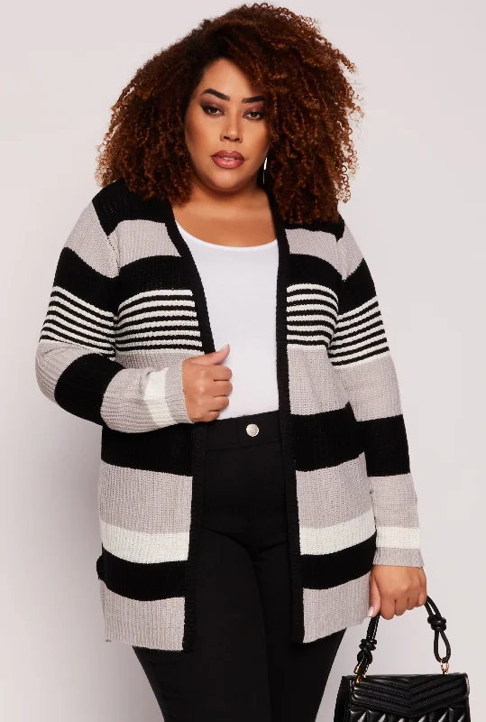 Cardigan with toggle buttons -Plus Size Striped Open Front Cardigan