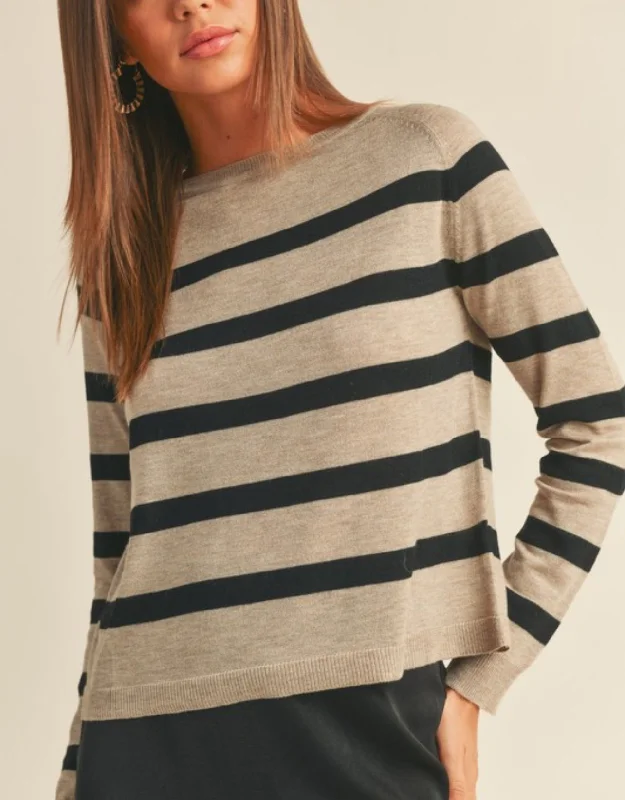 Pullover sweater with loose hem -Hazel Striped Round Neck Basic Body Sweater Top