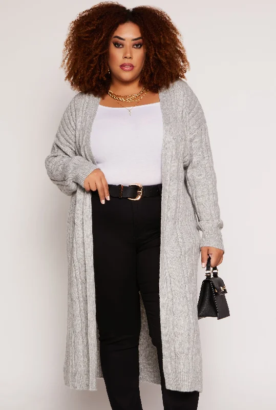 Cardigan for women in grey -Plus Size Almost Famous Cable Knit Long Cardigan