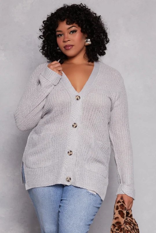 Cardigan with slit cuffs -Plus Size Button Front Knit Cardigan