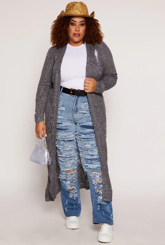 Cardigan in lightweight knit -Plus Size Solid Distressed Long Cardigan