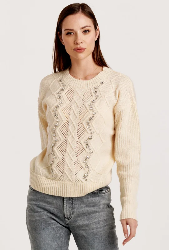 Pullover sweater with contrast trim -KATIYA DROP SHOULD SWEATER VINTAGE CREAM