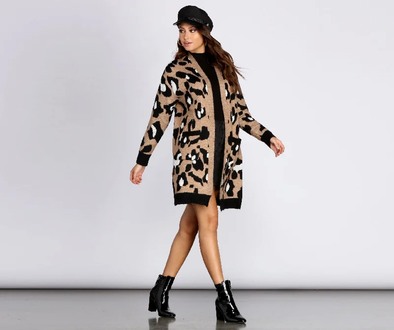 Cardigan with geometric print -Long-Line Leopard Cardigan