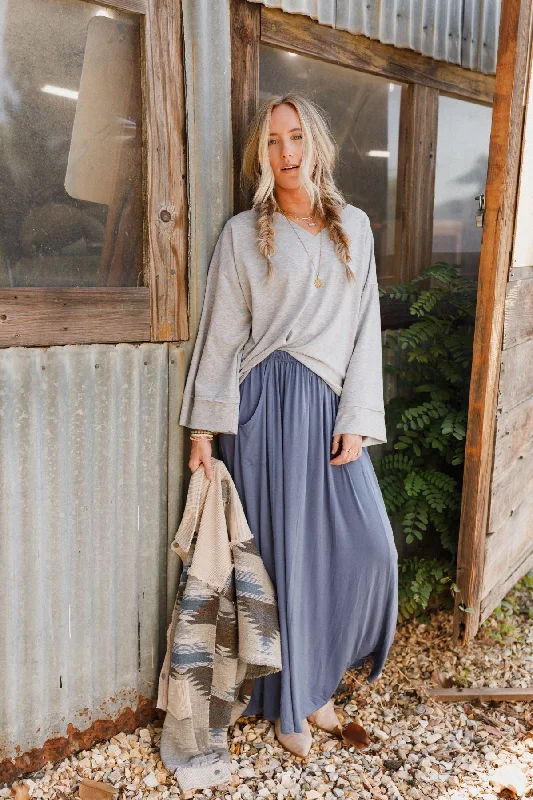 Pullover sweater with drop shoulders -The Nest Love It V Neckline Sweater Top - Heather Gray