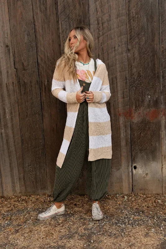 Cardigan with asymmetrical hem -Maisie Striped Hoodie Cardigan - Beige