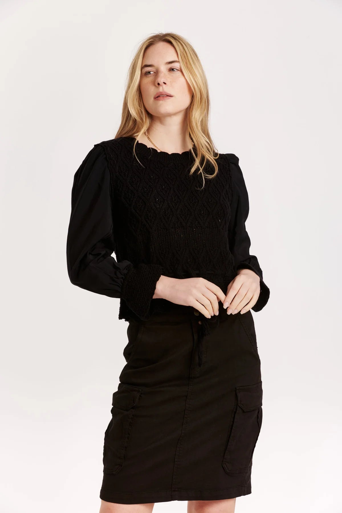 Pullover sweater with ribbed sleeves -Marylin Pointelle Mesh Sweater