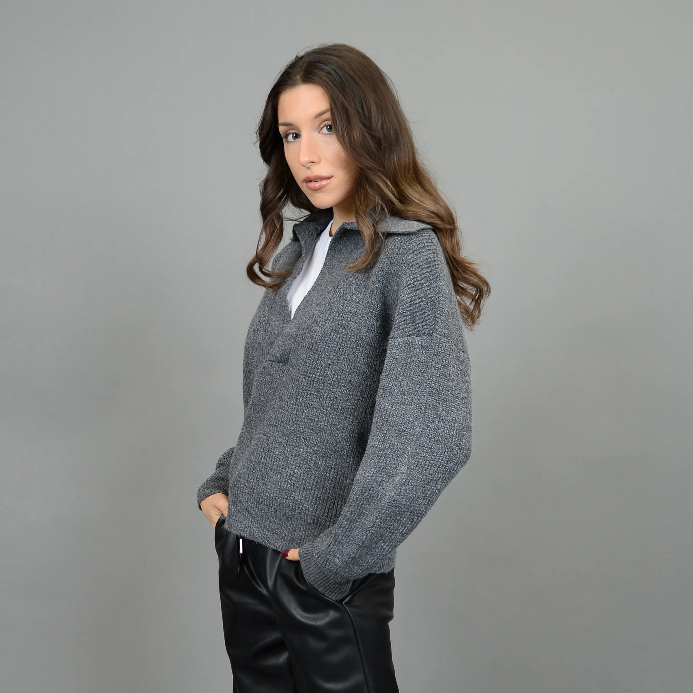 Pullover sweater in plush fabric -Mayla Long Sleeve V Neck Sweater