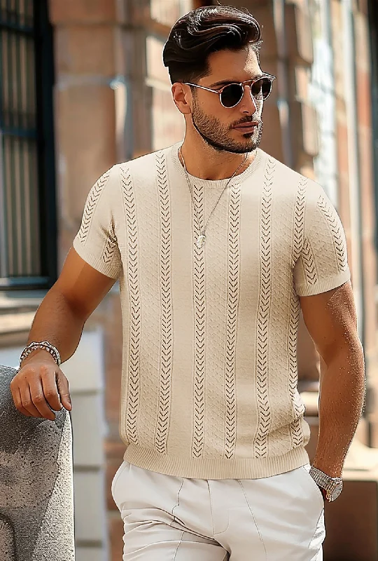 Pullover sweater for early fall -Men's Casual Knit Short Sleeve Crewneck Hollow Out Knitted Pullover T-Shirts