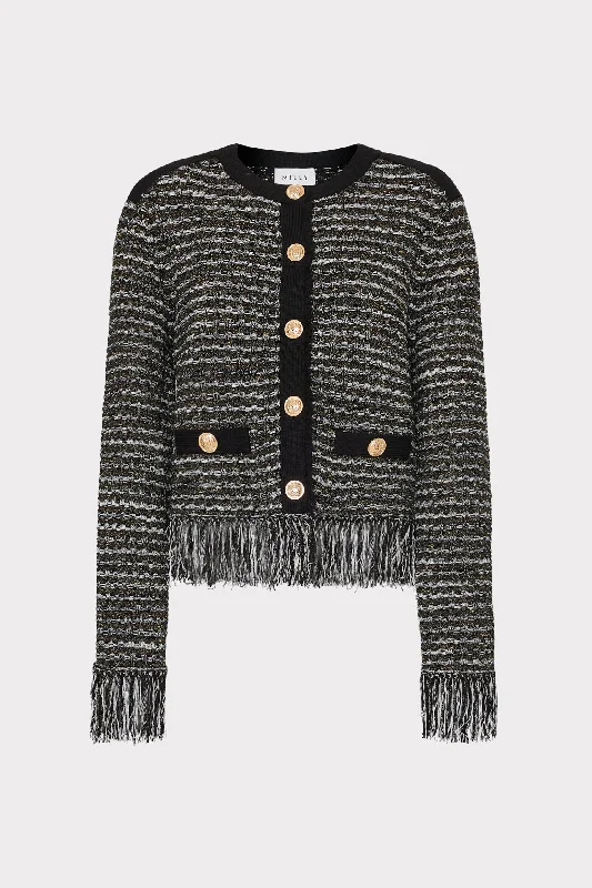 Cardigan with garter stitch -Metallic Textured Fringe Cardigan