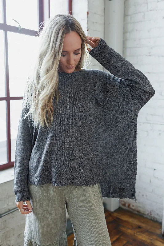 Pullover sweater with ribbed neckline -Monday Strolls Frayed Sweater - Charcoal