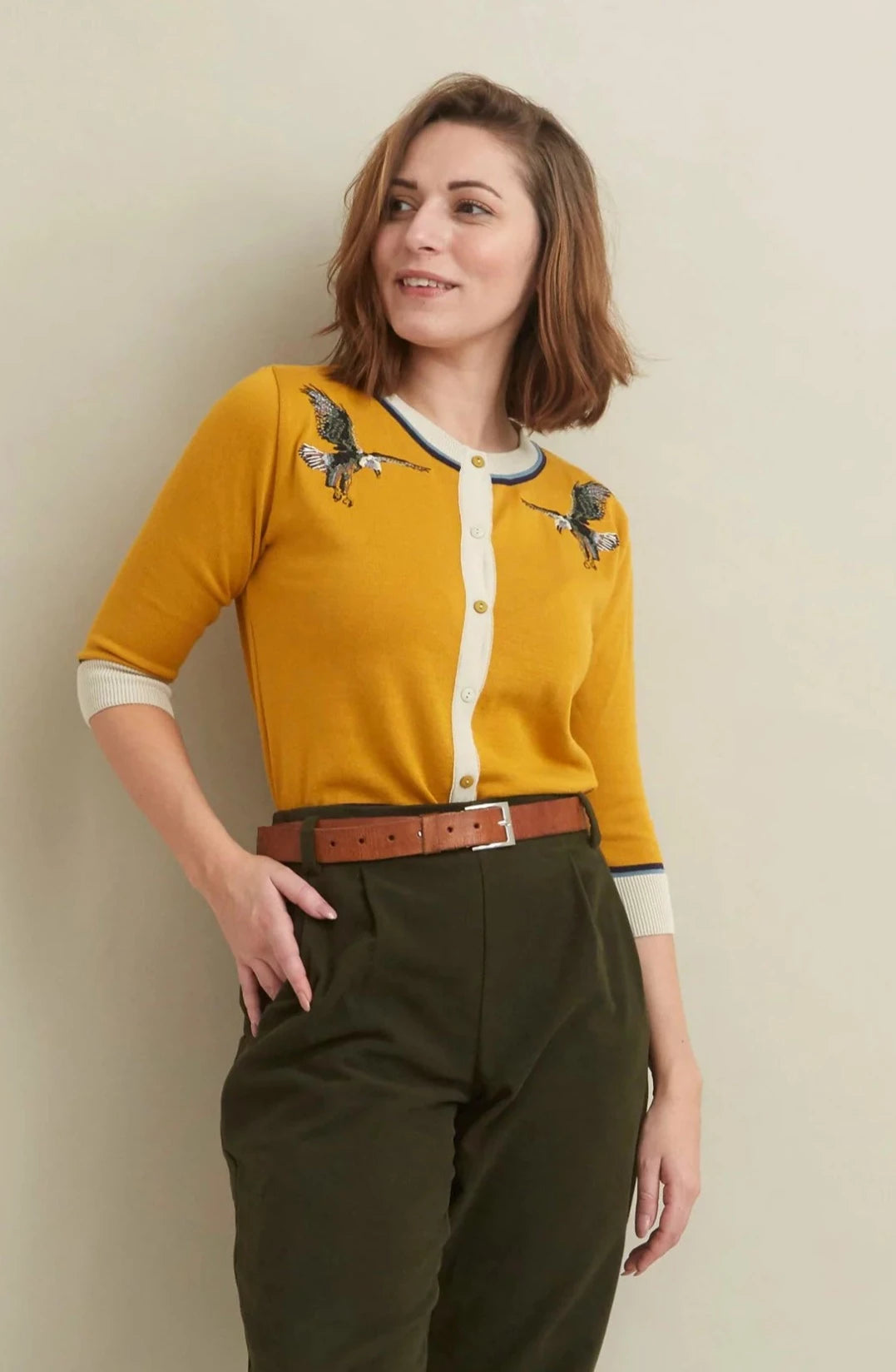 Cardigan in plush fabric -Mustard Eagles Embroidered Vera Cardigan by Palava