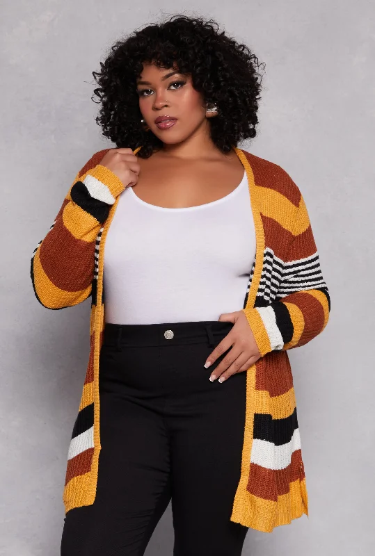 Cardigan with animal print -Plus Size Striped Open Front Cardigan