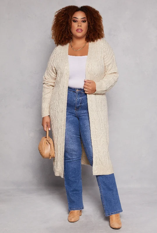 Cardigan in durable material -Plus Size Almost Famous Cable Knit Long Cardigan