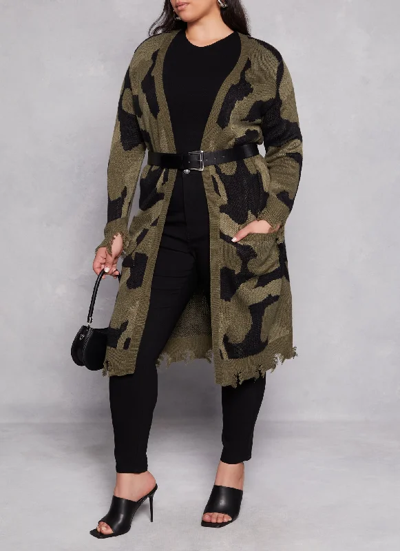 Cardigan with side panels -Plus Size Camo Distressed Long Cardigan