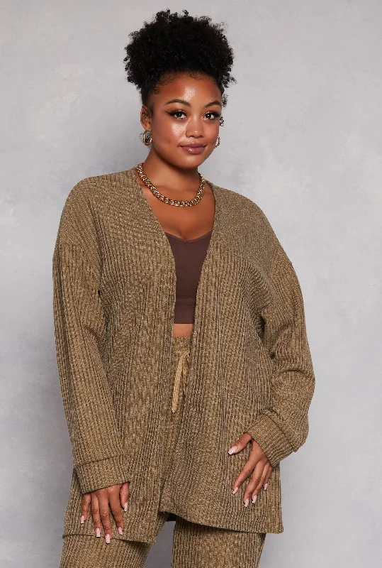 Cardigan in muted knit -Plus Size Ribbed Open Front Cardigan