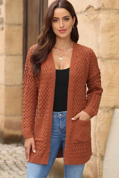 Cardigan with slit sleeves -Open Front Dropped Shoulder Cardigan with Pockets