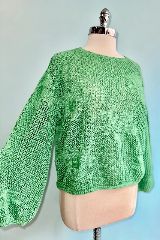 Pullover sweater for cold mornings -Open Knit Flower Sweater in Green