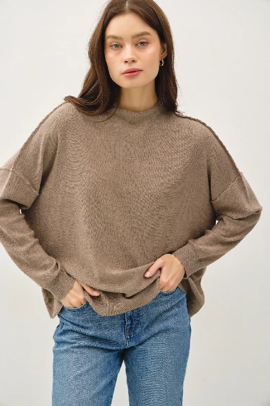 Pullover sweater with loose sleeves -Oversized Mock Neck Sweater with Raised Seam