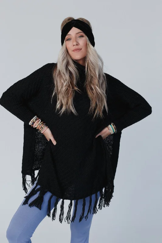 Pullover sweater with star embroidery -Paloma Poncho Sweater - Black