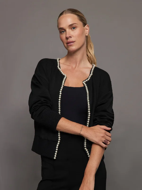 Cardigan with smocked details -Pearl Cardigan Sweater - Black