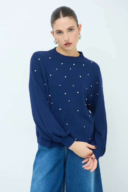 Pullover sweater with ribbed yoke -Pearl-embellished crew neck sweater wholesale