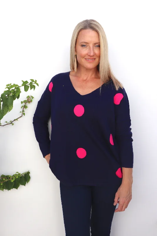 Pullover sweater in sand -Polka Dot Navy Sweater